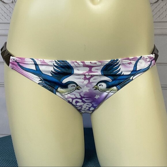 Sinful By Affliction Tropic Pyramid Bikini Bottom Hearts & Blue Birds XS NWT - Picture 3 of 4